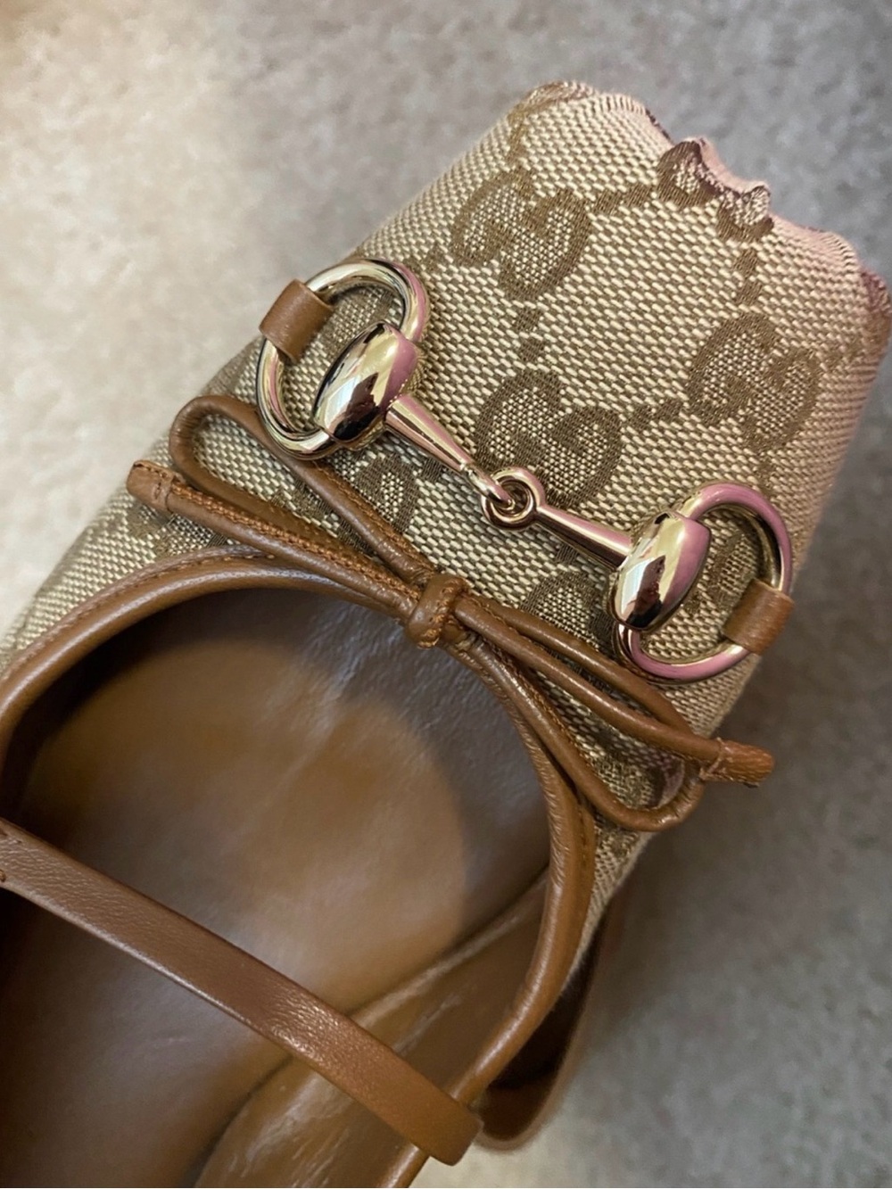 Gucci Beige & Tan GG Canvas Ballet Flat with Gold Horsebit - Picture 3 of 3